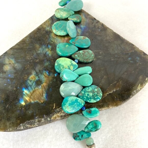 Sterling Silver 925 Teardrop Turquoise Aventurine & Sodalite Beaded Bracelet  7" - Picture 13 of 16